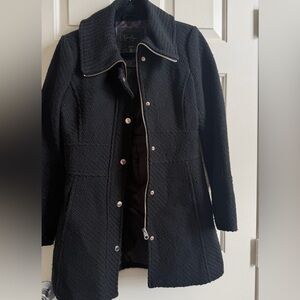 Jessica Simpson Black Textured Pea Coat with Zipper & Snap Detail